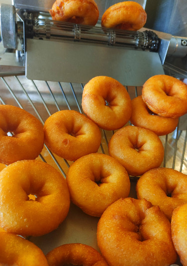 Hot Fresh Donuts Dropping out of the machine onto the rotating cooling rack